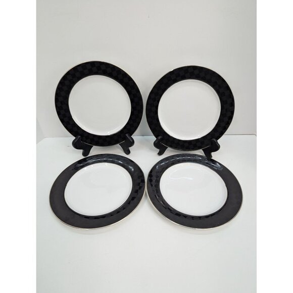 Nikko Fine China Black Tie Patra 8" Salad Plate Silver Trim Set of 4 - Picture 1 of 10